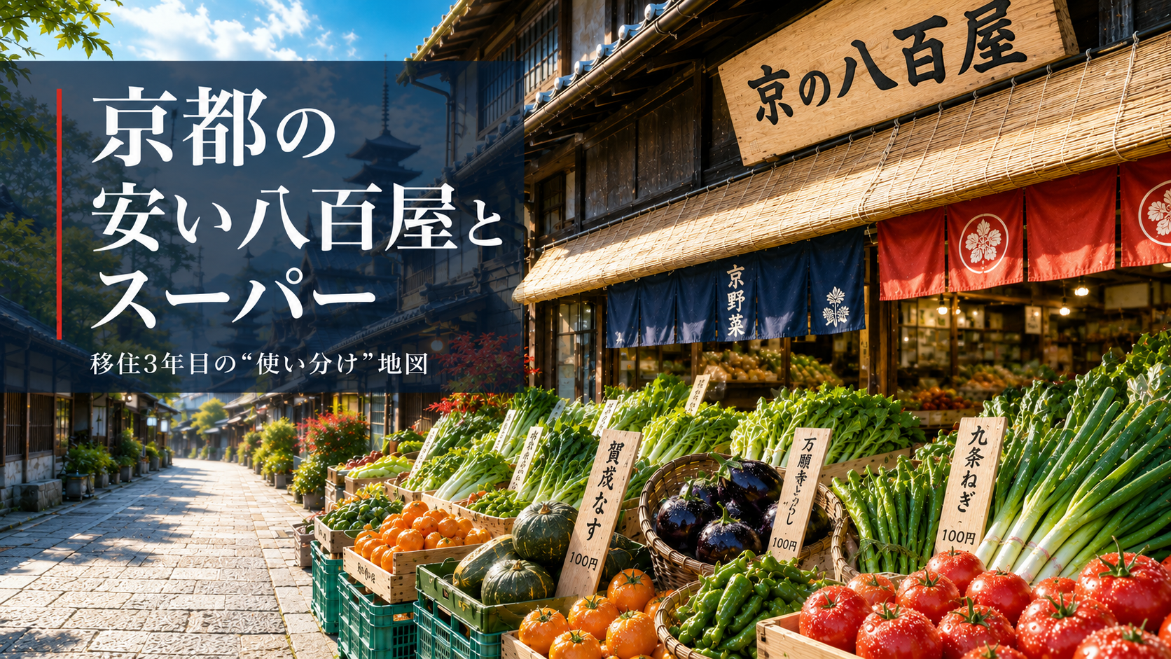 京都のまちの八百屋の店先に並ぶ京野菜と「京都の安い八百屋とスーパー」の見出し